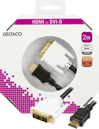 DELTACO HDMI til DVI-kabel, Full HD i 60Hz, 2m, sort / hvid