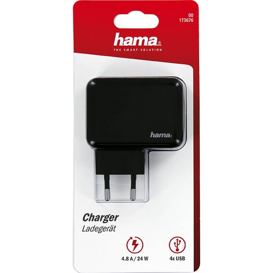 HAMA Charger 220V 4xUSB 4,8A strømadapter (sort)