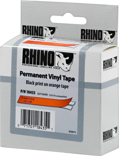 DYMO RhinoPRO label tape perm vinyl 12mm, sort på orange, 5,5m rulle