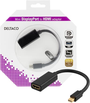 DELTACO mini DisplayPort til HDMI-adapter, 4K, 0,2 m, sort