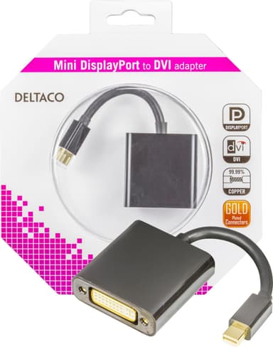 DELTACO mini DisplayPort til DVI-D adapter, FullHD i 60Hz, 9 Gb / s,