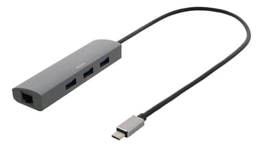 DELTACO USB-C Hub og netværksadapter, USB-C ha, RJ45 ho, 3xUSB-A 3.0