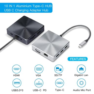 USB-C Hub Multiport-adapter 10-i-1-stik grå