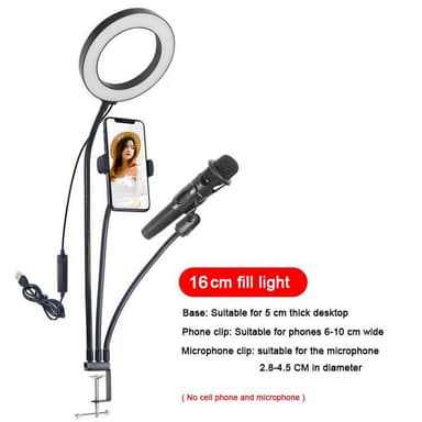 Multifunktions LED ring lys og stativ til mobiltelefon og mikrofon, tre justerbar lys-tilstand