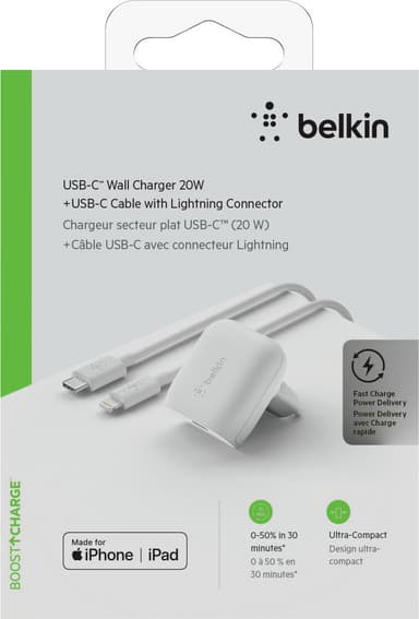 Belkin 20W vægoplader + USB-C to Lightning kabel (hvid)