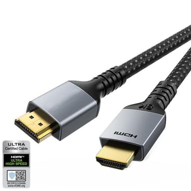 NÖRDIC CERTIFIED CABLES 2m Ultra High Speed HDMI 2.1 4K 8K 60Hz 120Hz 48 Gbps Dynamic HDR eARC VRR nylon flettet kabel Forgyldte kontakter