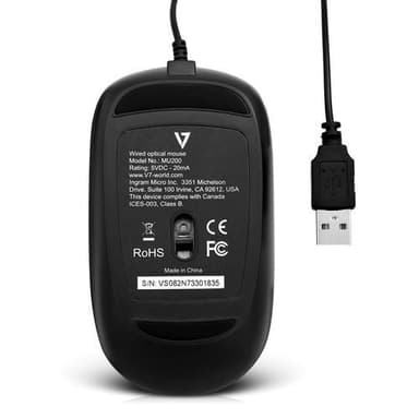 V7 MU200-1E, Ambidextrous, Optisk, USB Type-A, 1600 dpi, Sort