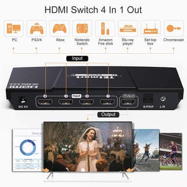 NÖRDIC HDMI Switch 4-1 4K60Hz Ultra HD 4: 4: 4 HDCP2: 2 HDR10 SPDIF og stereo Dolby DTS HD PS3 / 4/5, Xbox, Apple TV, Chromecast Nintendo switch