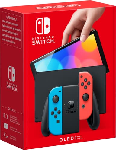 Diverse varer hver Bunke af Nintendo Switch OLED spillekonsol med neon Joy-Con controllere | Elgiganten