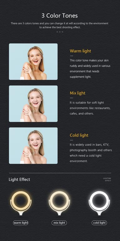 Selfie lampe LED ring (20 cm) med stativ (40 cm) og mobil holder