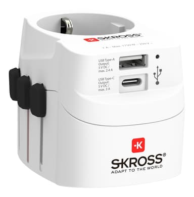 SKROSS PRO Light USB (AC), 3-polet rejseadapter, 1x USB-A, 1x USB-C