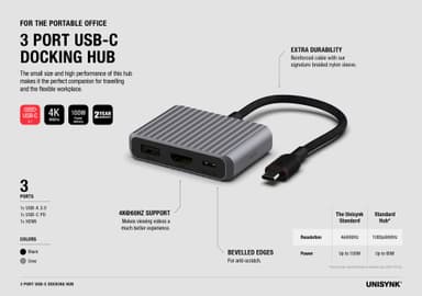 Unisynk 3 Port USB-C hub (grå)