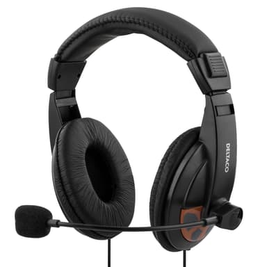 DELTACO Stereo Headset, store covers, lydstyrkekontrol, 2x 3,5 mm, sort