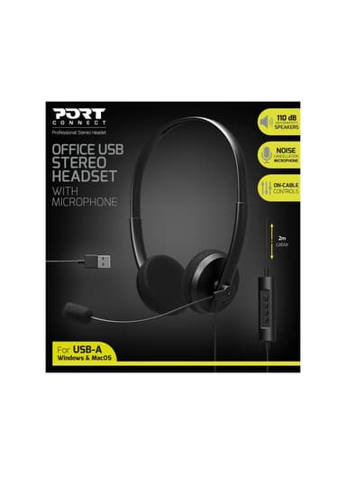 PORT DESIGNS Office USB Stereo Headset Med Mikrofon Indbygget mikrofon, Sort, Over-Ear