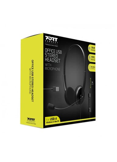 PORT DESIGNS Office USB Stereo Headset Med Mikrofon Indbygget mikrofon, Sort, Over-Ear