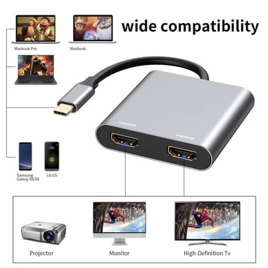 NÖRDIC USBC til 2xHDMI adapter 4K60Hz Dual HDMI skærm MST Double HDMI ...
