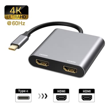 NÖRDIC USBC til 2xHDMI adapter 4K60Hz Dual HDMI skærm MST Double HDMI USB Type C adapter