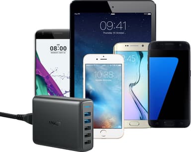 Anker PowerPort 5 multi-port USB-A oplader (sort)