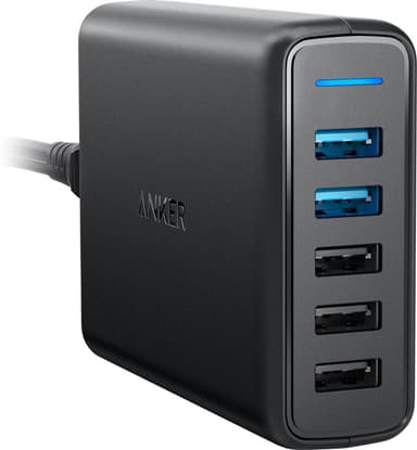 Anker PowerPort 5 multi-port USB-A oplader (sort)