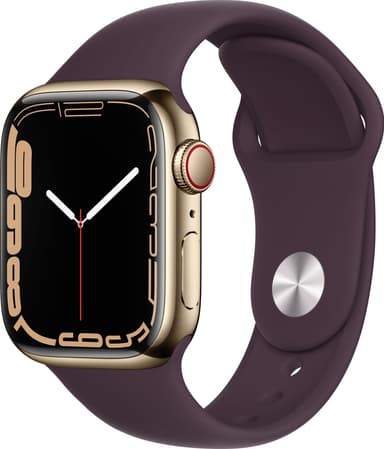 Apple Watch Series 7 41mm GPS+eSIM (guld stål/mørk kirsebær sportsrem)