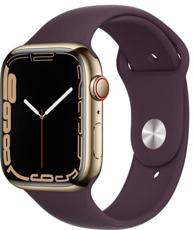 Apple Watch Series 7 45mm GPS+eSIM (guld stål/mørk kirsebær sportsrem)