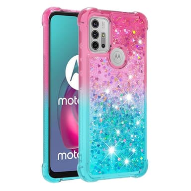 SKALO Moto G20/G30 Kvicksand Glitter Hjerter TPU Cover - Pink-Turkis
