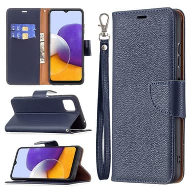 SKALO Samsung A22 5G Premium Litchi Flip Cover - Blå