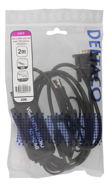 deltaco VGA & Audio, HDMI cable, USB powered, 2m, black
