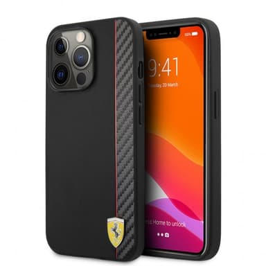 Ferrari iPhone 13 Pro Cover Carbon Effect Metal Logo Vertical Stripe Sort
