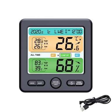 Digital termometer / hygrometer med vækkeur Sort