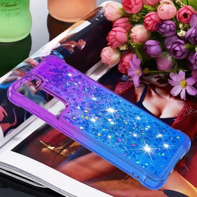 SKALO Samsung S21 FE Kvicksand Glitter Hjerter TPU Cover - Lilla-Blå