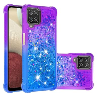 SKALO Samsung A12 Kvicksand Glitter Hjerter TPU Cover - Lilla-Blå