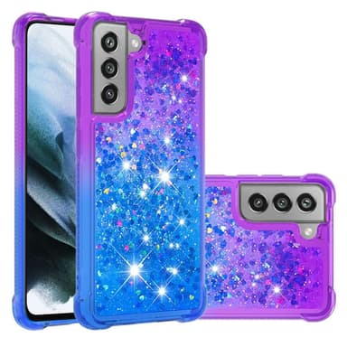 SKALO Samsung S21 FE Kvicksand Glitter Hjerter TPU Cover - Lilla-Blå