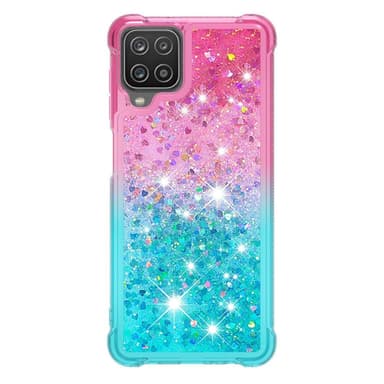 SKALO Samsung A12 Kvicksand Glitter Hjerter TPU Cover - Pink-Turkis