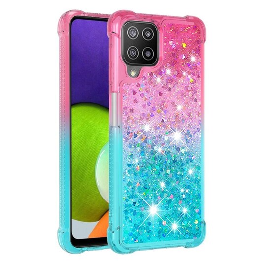 SKALO Samsung A22 4G Kvicksand Glitter Hjerter TPU Cover - Pink-Turkis