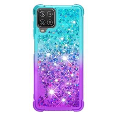 SKALO Samsung A12 Kvicksand Glitter Hjerter TPU Cover - Turkis-Lilla