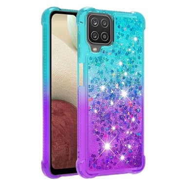 SKALO Samsung A12 Kvicksand Glitter Hjerter TPU Cover - Turkis-Lilla