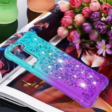 SKALO Samsung S21 FE Kvicksand Glitter Hjerter TPU Cover - Turkis-Lilla