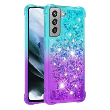 SKALO Samsung S21 FE Kvicksand Glitter Hjerter TPU Cover - Turkis-Lilla