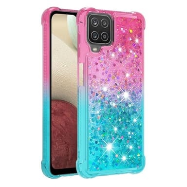 SKALO Samsung A12 Kvicksand Glitter Hjerter TPU Cover - Pink-Turkis
