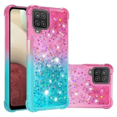 SKALO Samsung A12 Kvicksand Glitter Hjerter TPU Cover - Pink-Turkis