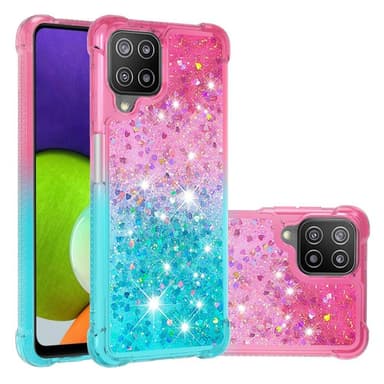 SKALO Samsung A22 4G Kvicksand Glitter Hjerter TPU Cover - Pink-Turkis