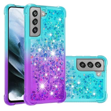 SKALO Samsung S21 FE Kvicksand Glitter Hjerter TPU Cover - Turkis-Lilla