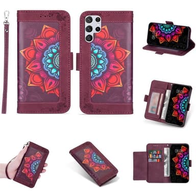 Flower wallet cover 4-kort Samsung Galaxy S22 Ultra - Bordeaux