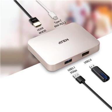 Aten USB-C 4K Ultra Mini Dock med Power Pass-through USB 3.0 (3.1 Gen 1) porte antal 1, USB 2.0 porte antal 1, HDMI porte antal 1, USB 3.0 (3.1 Gen 1) Type-C porte antal 1