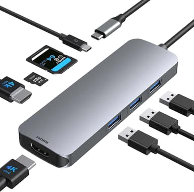 NÖRDIC 1 til 8 USB-C aluminium dockingstation dobbelt HDMI 4K 30Hz, 1xUSBC PD87W 3xUSB A 1xSD 1xTF kortlæser dobbelt HDMI USB C adapter