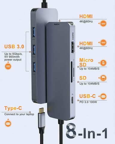 NÖRDIC 1 til 8 USB-C aluminium dockingstation dobbelt HDMI 4K 30Hz, 1xUSBC PD87W 3xUSB A 1xSD 1xTF kortlæser dobbelt HDMI USB C adapter