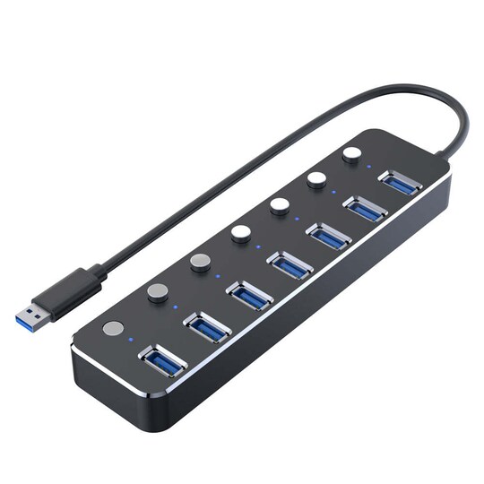 NÖRDIC 7-ports USB 3.0 HUB med individuel switch 5Gbps 25cm kabel aluminium sort