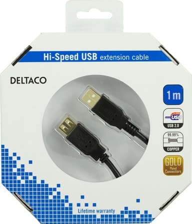 DELTACO USB 2.0 kabel Type A han - Type A hun, guldpletterede stik, le