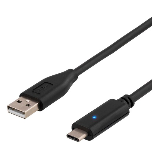 DELTACO USB 2.0-kabel, 1 m, Type C - Type A han, PD-profil 1, sort